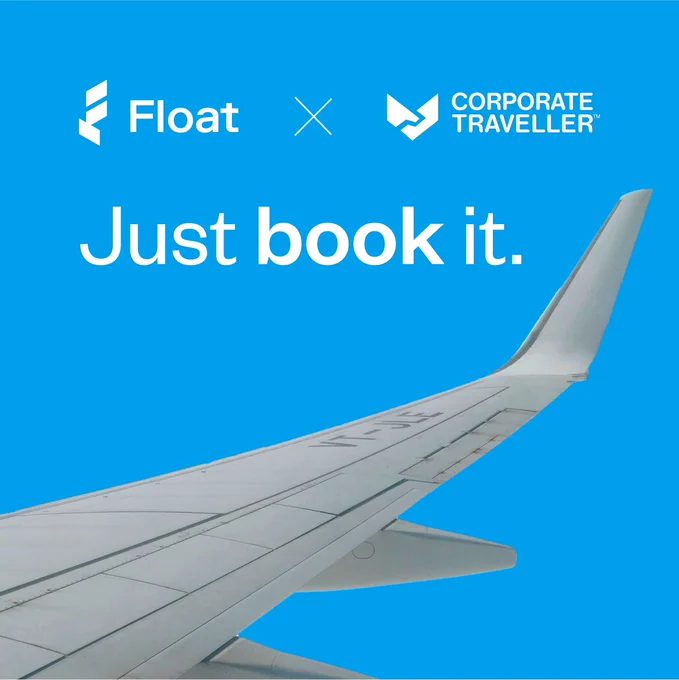 airplane wing with Float and Corporate Traveller logos with the words "Just book it"