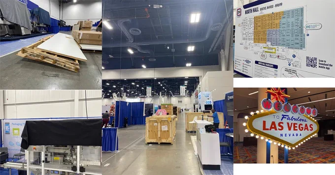 series of shots taken of the Marden Edwards stand on set-up day at Pack Expo Las Vegas 2025 from shipping crate to fully installed machinery ready for demonstrations. 
