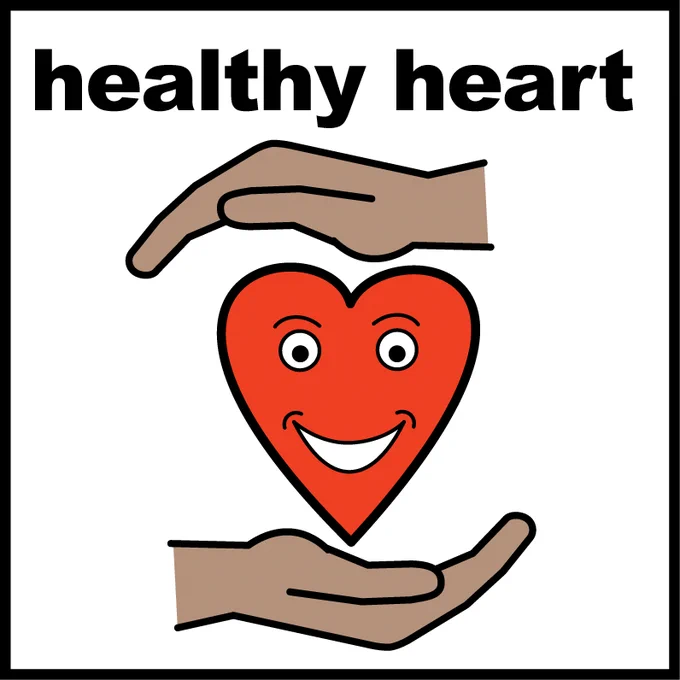 A square with the word ‘healthy heart’ at the top. Below the word is a picture of a heart with a smiley face in it with a hand above and below it to indicate support.

