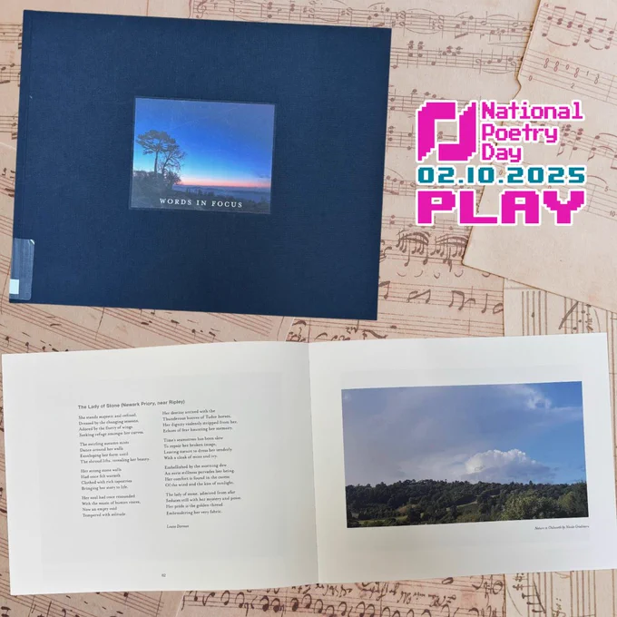 An image of the cover of the poetry anthology 'Words in Focus' superimposed over faded manuscript paper.
National Poetry Day 02.10.2025 logo.
The poem 'The Lady of Stone' by Louise Dorman.