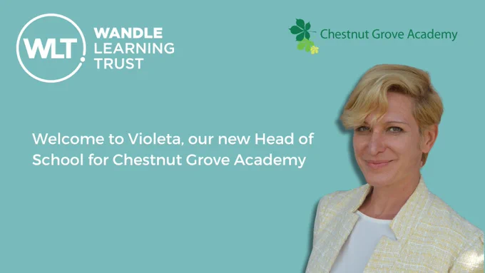 Announcement with headshot photo of new Head of School for Chestnut Grove Academy, Violeta 