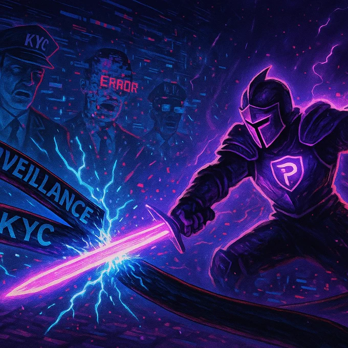 Digital knight shattering surveillance and KYC barriers, powered by PIVX privacy.