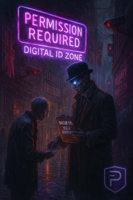 Cyberpunk surveillance alley: a towering enforcer demands “Show us your papers” under a glowing sign “Permission Required – Digital ID Zone”; pixelated PIVX shield glows in protest.