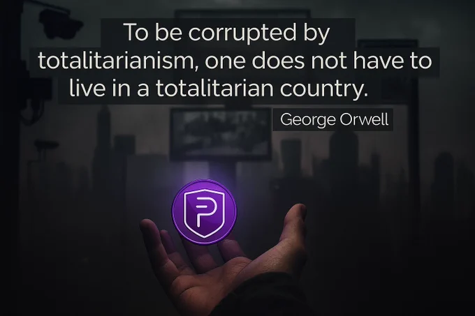 Dystopian cityscape with Orwell quote, a glowing PIVX coin offers hope against control.