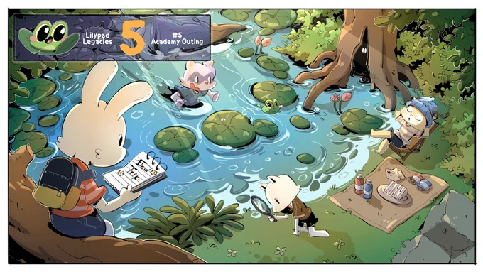Field trip at the pond: academy animal students explore—notes, wading, magnifying glass, picnic. Lilypad mascot peeks from the water; sunbeams through the trees; calm, bright swamp.