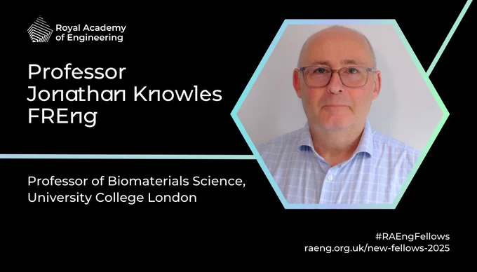 Card celebrating new Academy Fellow. Text reads: 'Professor Jonathan Knowles, Professor of Biomaterials Science, University College London'. Includes headshot of Professor Jonathan Knowles FREng against a black background. The Royal Academy of Engineering logo is visible in top left hand corner.