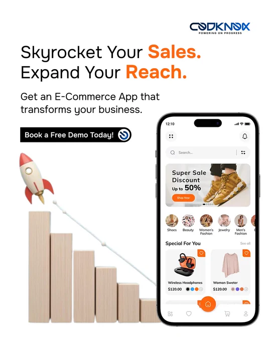 CodKnox ad showing e-commerce app with rocket growth and demo call-to-action.

