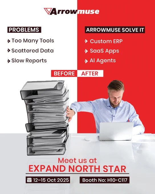 “Arrowmuse Expand North Star 2025 banner. Left: problems—too many tools, scattered data, slow reports with paper stack. Right: solutions—custom ERP, SaaS apps, AI agents, with a man working on a laptop. Event details: 12–15 Oct 2025, Booth H10-C117.”