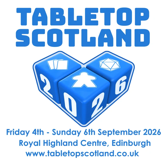Image shows the logo for Tabletop Scotland 2026, which will take place from Friday 4th to Sunday 6th September 2026.