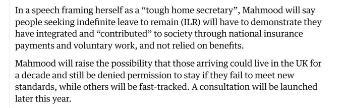 A tough home secretary - Mahmood will say people seeking indefinite leave to remain will have to demonstrate they have integrated and controversial to society.