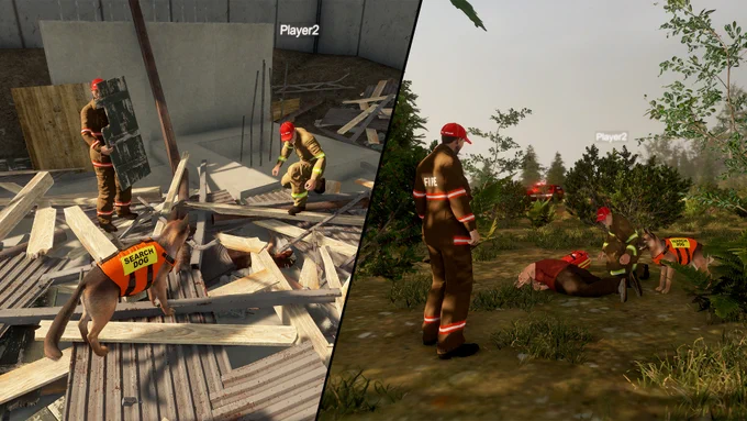An image made up of two Flashing Lights game screenshots. On the left is an image of two firefighters and a search dog searching through rubble in an attempt to find survivors, while the screenshot on the right shows two firefighters and a search dog attending to an injured civilian on a patch of grass.