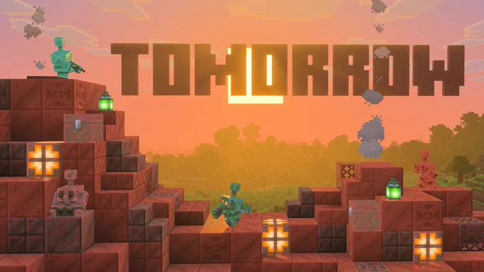 Minecraft Vibrant Visuals sunset with the word "Tomorrow" written in the sky. Copper golems surround the scene.