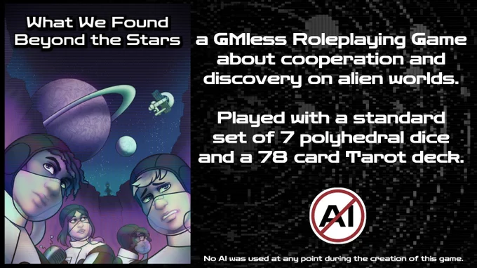 to the left is the cover of the book, several figures in light spacewear and clear gas masks look around nervously, one of the figures holds up some manner of device. Large, looming cliffs are behind them, with an unknown figure standing above. In the distance is a ringed planet and its moon, alongside the spaceship of the crew.