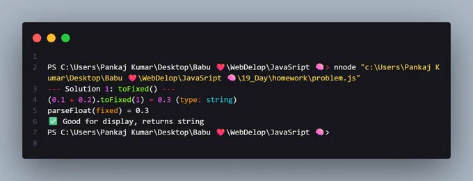 Today I explored how JavaScript makes decisions
— from operators to loops to
solving the infamous 0.1   0.2 !== 0.3 problem.
What You'll Learn in This Video
  Operators assignment, arithmetic, strict (===) vs loose
Logical Operators (&&, II, !) and the difference between logical vs bitwise.
Conditionals if, else if, else, plus truthy & falsy values.
Loops the anatomy of the for loop (init -4 condition -4 final-expression).
The Famous JS Math Problem why 0.1   0.2 !== 03
Solutions -4 toFixed(), Number.EPSlLON, "cents" method, and more.