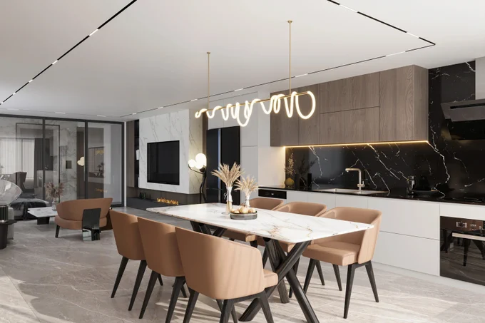 BRINGING KITCHEN & LIVING ROOM TOGETHER WITH STYLE & FUNCTION ✨

Blending beauty and practicality, this open-concept kitchen and living space is a masterclass in modern design! 🖤 From sleek marble finishes to warm, earthy tones, every detail adds elegance and comfort. The sculptural lighting and seamless flow make this area perfect for cooking, entertaining, or simply relaxing. 🛋️🍷