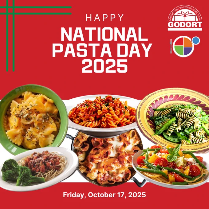 Text: "Happy National Pasta Day 2025 - Friday, October 17, 2025." Includes  photographs of six different pasta dishes from the MyPlate recipe's platform: Pumpkin Mac & Cheese,  Red Hot Fusilli, Garden Pasta Salad, Spaghetti with Quick Meat Sauce, Tomato n' Cheese Pasta, and Summer Vegetable Spaghetti.