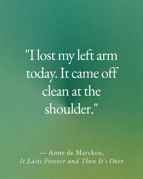 Quote reading "I lost my left arm today. It came off clean at the shoulder." — Anne de Marcken, It Lasts Forever and Then It's over