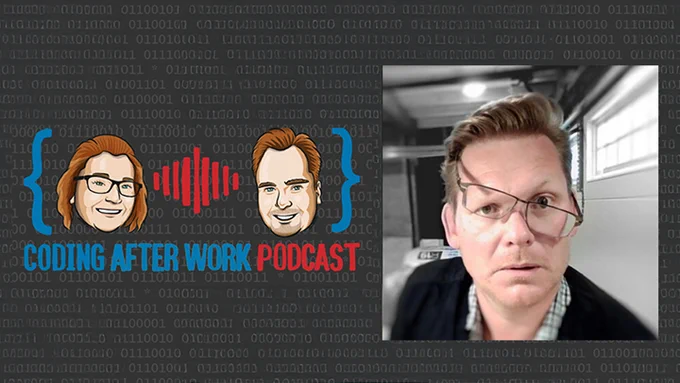 spot art.
Illustration and Photo of presenter(s).
text reads: Coding after work podcast