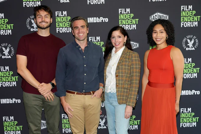 (L-R) Sam Mirpoorian, Andrew Corkin, Shoshannah Stern and Rosalina Jowers attend the 2025 Film Independent Forum at DGA Theater Complex on September 26, 2025 in Los Angeles, California. (Photo by Kevin Winter/Getty Images)