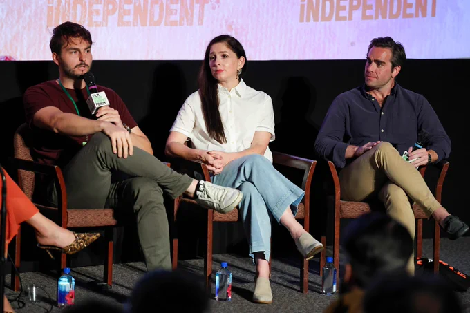 (L-R) Sam Mirpoorian, Shoshannah Stern and Andrew Corkin speak onstag during the 2025 Film Independent Forum at DGA Theater Complex on September 26, 2025 in Los Angeles, California. (Photo by Kevin Winter/Getty Images)
