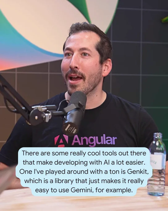 Image shows a person and quote reading "There are some really cool tools out there that make developing with AI a lot easier. One I've played around with a ton is Genkit, which is a library that just makes it really easy to use Gemini, for example."