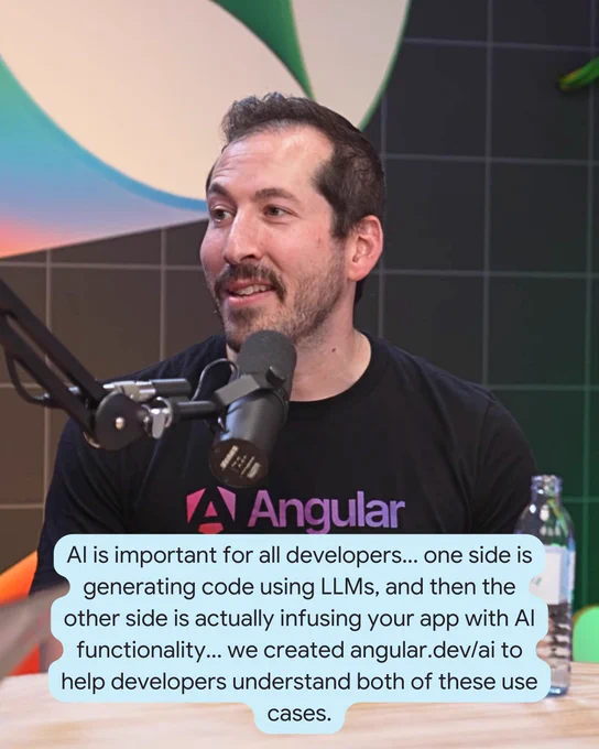 Image shows a person a quote reading "AI is important for all developers... one side is generating code using LLMs, and then the other side is actually infusing your app with AI functionality... we created angular.dev/ai to help developers understand both of these use cases."