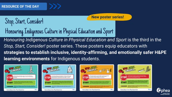 Resource of the day
Stop, Start, Consider! New poster series!
Honouring Indigenous Culture in Physical Education and Sport

Honouring Indigenous Culture in Physical Education and Sport is the third in the Stop, Start, Consider! poster series. These posters equip educators with strategies to establish inclusive, identity-affirming, and emotionally safer H&PE learning environments for Indigenous students.