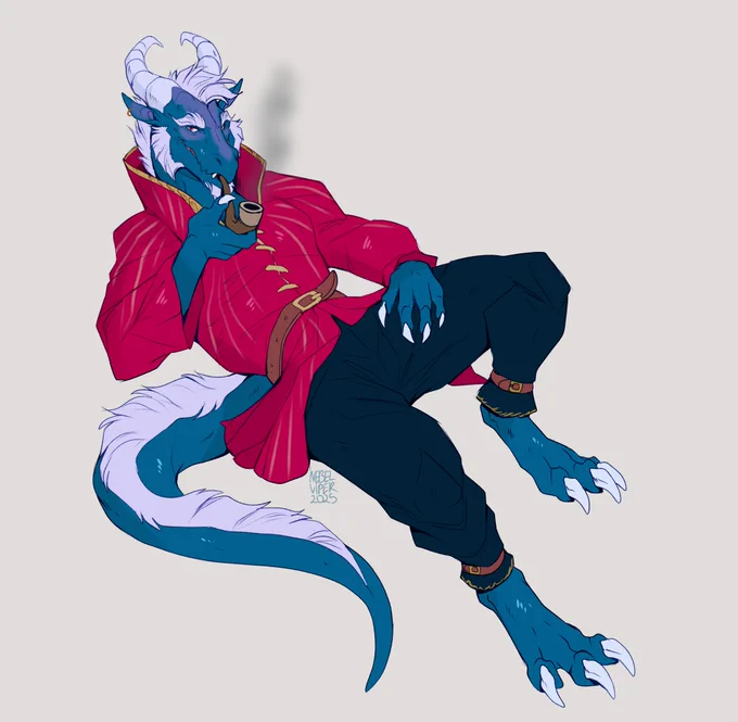 Anthropomorphic dragon Cadnyr casually lounging and smoking a pipe. He has white hair on his snout's chin, eyebrow area and sides of his face as well as top of his head. He has curling white horns and purple-pink eyes. 
He is wearing a pink tunic with golden trim and dadk blue pants. 
His feet are digitigrade, with three toes and sharp white talons. A thick tail with a trail of white fur on top of it is prominent and curls around his side. 