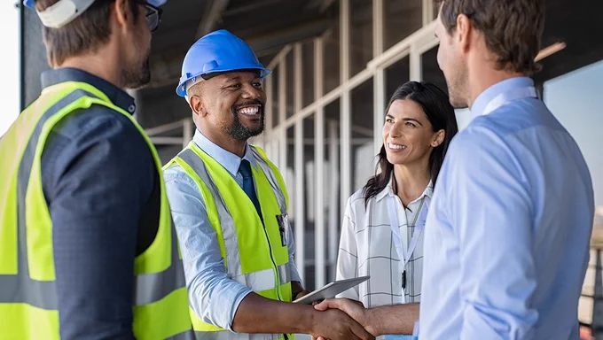 A group of construction professionals, including one wearing a blue hard hat and yellow safety vest, shake hands. Other team members look on, smiling.