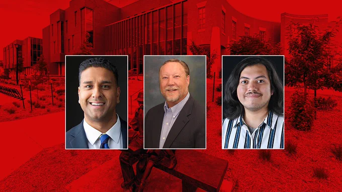 headshots of Harnoor S. Dhaliwal, Matthew Gotschall and Osvaldo “Ozzy” Palma Vargas centered over background image of Carolyn Pope Edwards Hall with red overlay