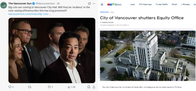 Screenshots from Vancouver Sun and CTV News, respective headlines read "Big cuts are coming to Vancouver City Hall. Will they be 'reckless' of cost saving efficiencies Ken Sim has long promised" and "City of Vancouver shutters Equity Office" - pictured are Ken Sim and ABC councillors and an arial shot of City Hall