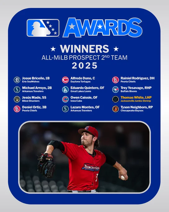 MiLB AWARDS

WINNERS
ALL-MiLB PROSPECT 2nd TEAM
2025

Josue Briceño, 1B, Erie SeaWolves
Michael Arroyo, 2B, Arkansas Travelers
Jesús Made, SS, Biloxi Shuckers
Deniel Ortiz, 3B, Peoria Chiefs
Alfredo Duno, C, Daytona Tortugas
Eduardo Quintero, OF, Great Lakes Loons
Owen Caissie, OF, Iowa Cubs
Lazaro Montes, OF, Arkansas Travelers
Rainiel Rodriguez, DH, Peoria Chiefs
Trey Yesavage, RHP, Buffalo Bisons
Thomas White, LHP, Jacksonville Jumbo Shrimp
Tyson Neighbors, RHP, Chesapeake Baysox
