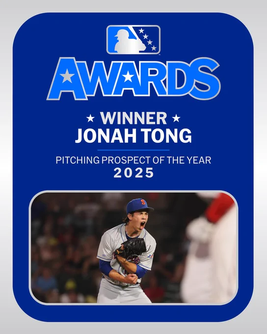 MiLB AWARDS

WINNER
JONAH TONG
PITCHING PROSPECT OF THE YEAR
2025

Pictured: Jonah Tong celebrates on the mound in a grey Syracuse Mets uniform