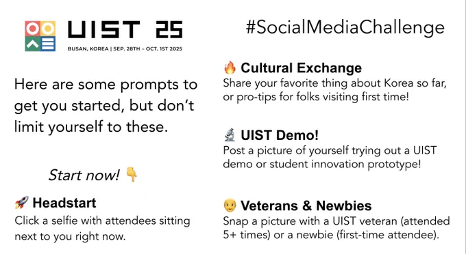 Sample prompts for what may be posted: selfies with veterans and newbies, trying out the demos, and posting about your favorite aspect of Korea.