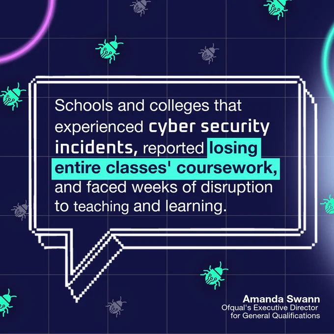 Schools and colleges that experienced cyber security incidents, reported losing entire classes' coursework, and faced weeks of disruption to teaching and learning' in a white animated quote box on a dark blue background with green cyber bugs on it. In the right-hand corner in white Amanda Swann, Ofqual's Executive Director for General Qualifications. 
