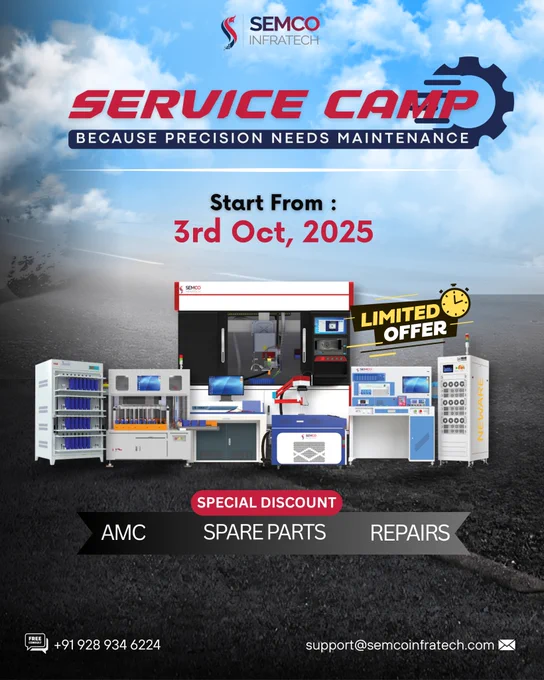 Maximize your equipment uptime with our Mega #ServiceCamp! Starting from 3rd – 20th October,2025, we’re offering:

• Free equipment health check-up
• Expert technician support
• Special offers on spares & maintenance

➤ Don’t wait for downtime—ensure peak performance today! Register now or connect with our team to book your service slot.

☎️ Call:  91 928 934 6224 |  91-892 068 1227
📩 Email: support@semcoinfratech.com | sales@semcoindia.com

#semcoinfratech #servicecamp #batterytesting #batteryassembly #equipmentcare #preventivemaintenance #uptime #reliability #industrialsolutions #techsupport #spareparts 