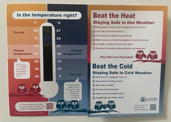 Thermometer chart showing ideal indoor temperatures with safety tips for hot and cold weather from Leeds City Council, including hydration and layering advice.