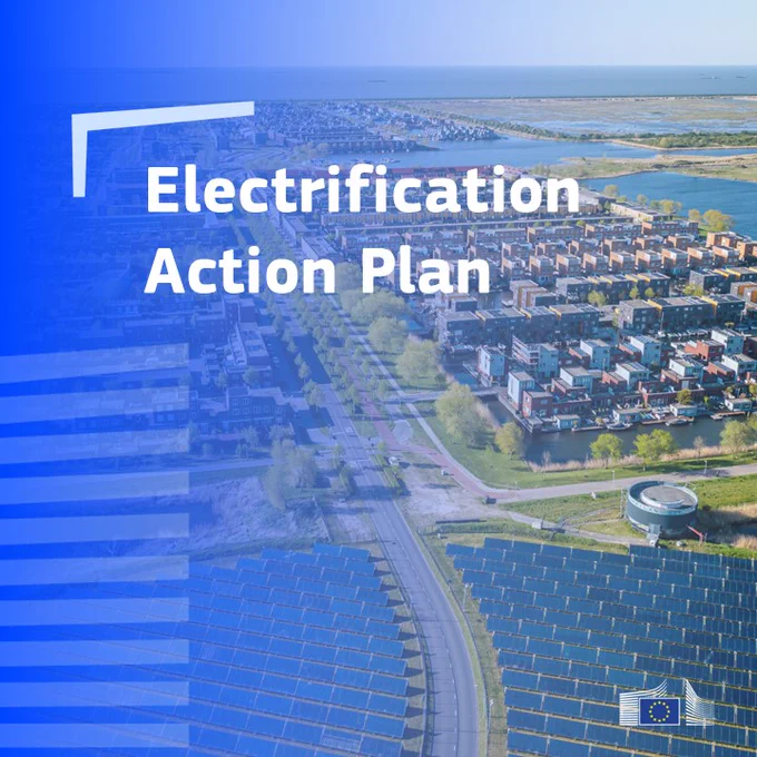 Electrification Action Plan. Photo from above showing a sustainable neighbourhood in Almere (NL). The city heating in the district is partially powered by a solar panel island.