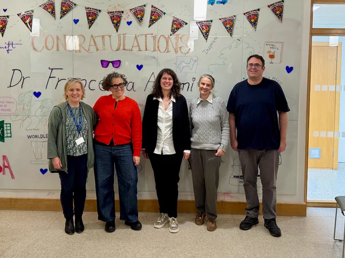 Grace Morgan (supervisor), Carolina Sañudo (extern), Francesca Adami, Marina Rubini (chair) and Robert Johnson (intern)