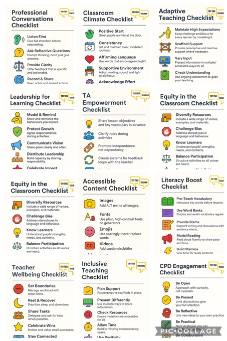Grid of 12 partial previews of checklists on topics including professional conversations, classroom climate and more.