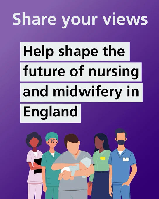 Illustration of nursing and midwifery colleagues from different settings and sectors on a purple background. Text above reads: Share your views. Help shape the future of nursing and midwifery in England.