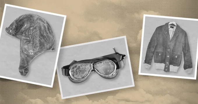 Three Polaroid-style images featuring vintage pilot gear. From left to right: a leather flight cap, a pair of frosted goggles, and a leather flight jacket.