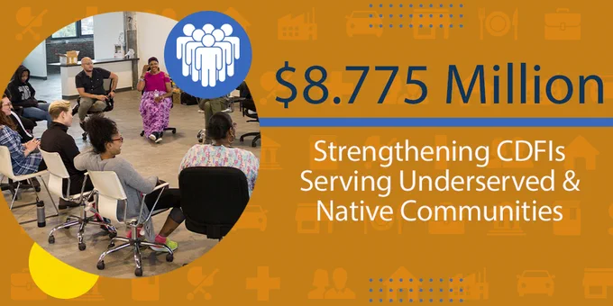 Graphic featuring a diverse group of individuals seated in a circle during a meeting, with an overlay reading '$8.775 Million - Strengthening CDFIs Serving Underserved & Native Communities', indicating financial support for community development.
