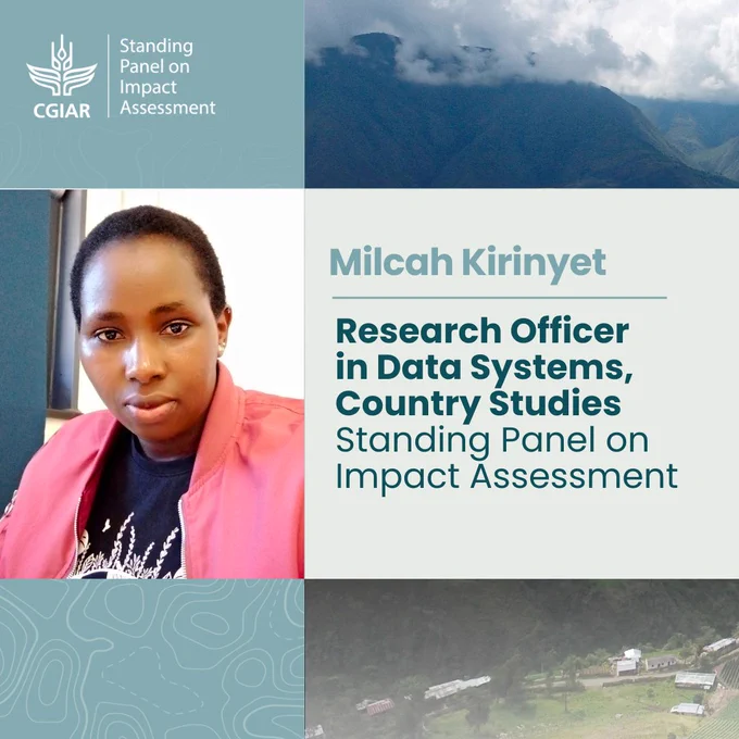 Promotional image featuring Milcah Kirinyet, a member of the CGIAR Standing Panel on Impact Assessment, focusing on Research Systems, Country Studies. There is a backdrop of a lush mountain landscape.
