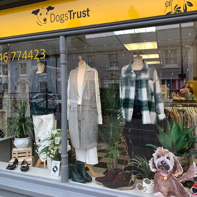 This is a gorgeous shop window display, with two mannequins with autumnal outfits on and lots of other items scattered around.