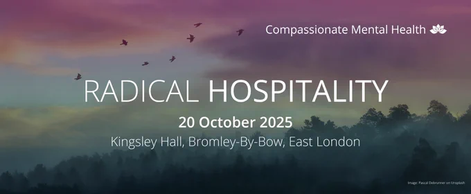 Compassionate mental health banner sunset sky with birds flying across above the green trees - radical hospitality 20 October 2025 Kingsley hall Bromley by Bow east London