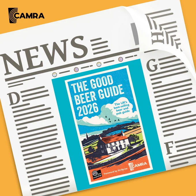Graphic of an animated newspaper with a photo of the Good Beer Guide 2026 on the front cover. This is on an orange background with the CAMRA logo in the top left corner.
