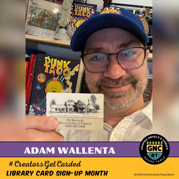 Adam Wallenta holding a Killingworth Public Library card in front of a book shelf with Punk Taco books on it. 
