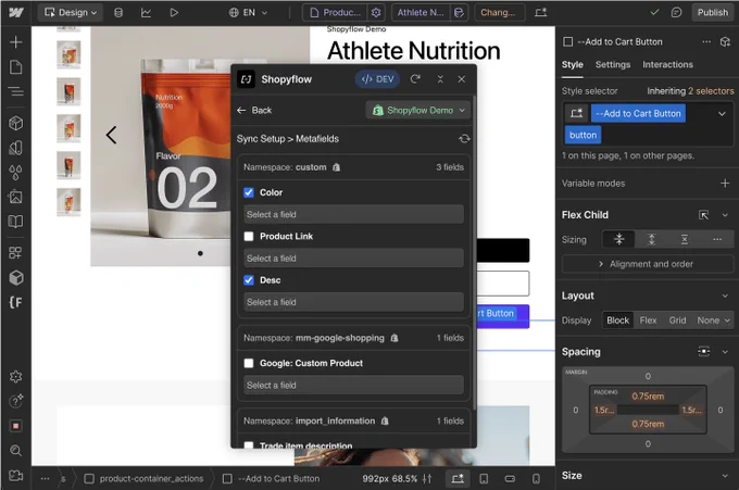 Shopyflow Webflow App metafield sync UI