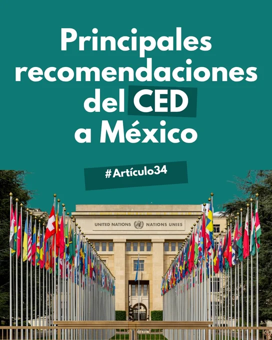 Fachada de la ONU con banderas y el texto: "Principales recomendaciones del CED a México #Artículo34".